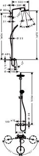 Hansgrohe Duschsystem mit Thermostat, freistehende Dusche mit flexiblen Arm und Handbrause. Maße und Details sind in der technischen Zeichnung angegeben.